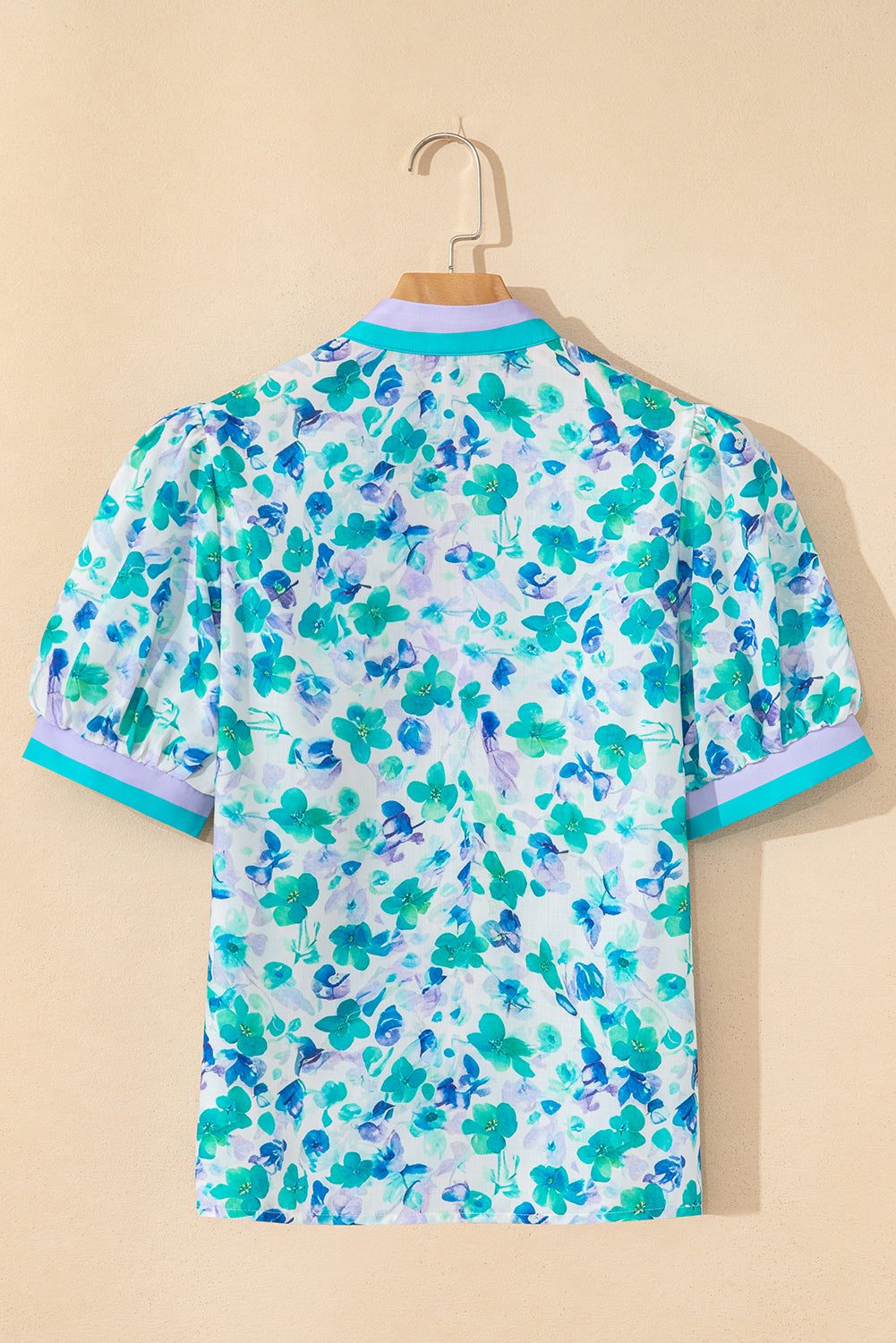 Green Floral Print Striped Trim Split V Neck Puff Short Sleeve Blouse-Tops/Blouses & Shirts-[Adult]-[Female]-2022 Online Blue Zone Planet