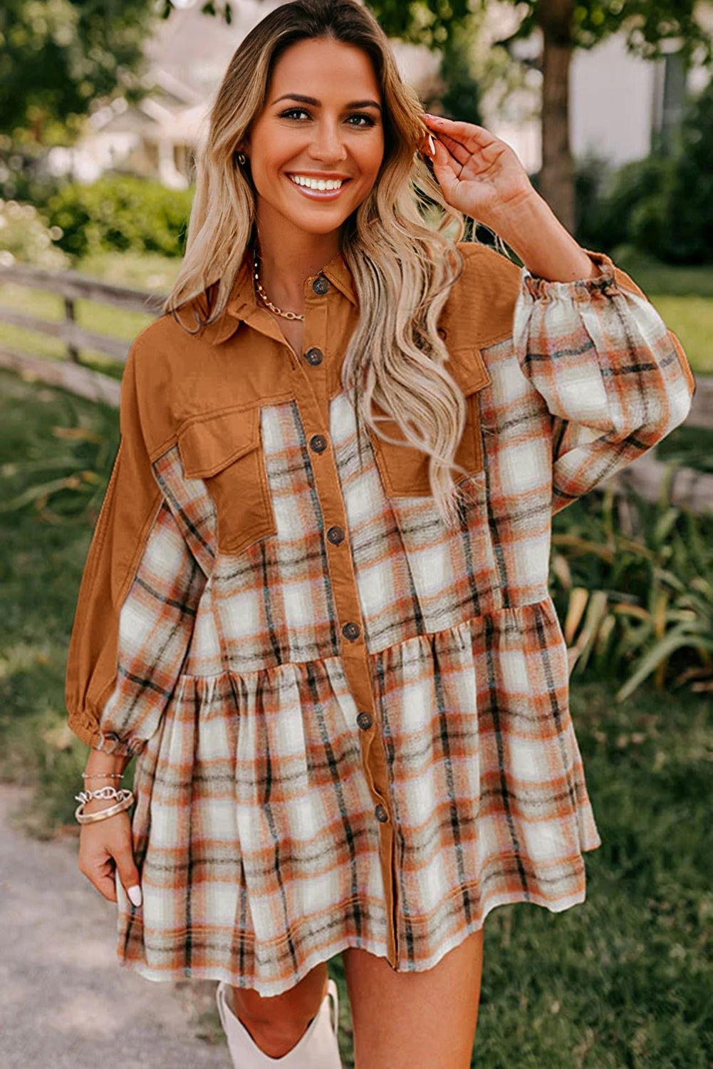 Khaki Plaid Color Block Patchwork Ruffle Hem Tunic Shirt Dress-TOPS / DRESSES-[Adult]-[Female]-2022 Online Blue Zone Planet