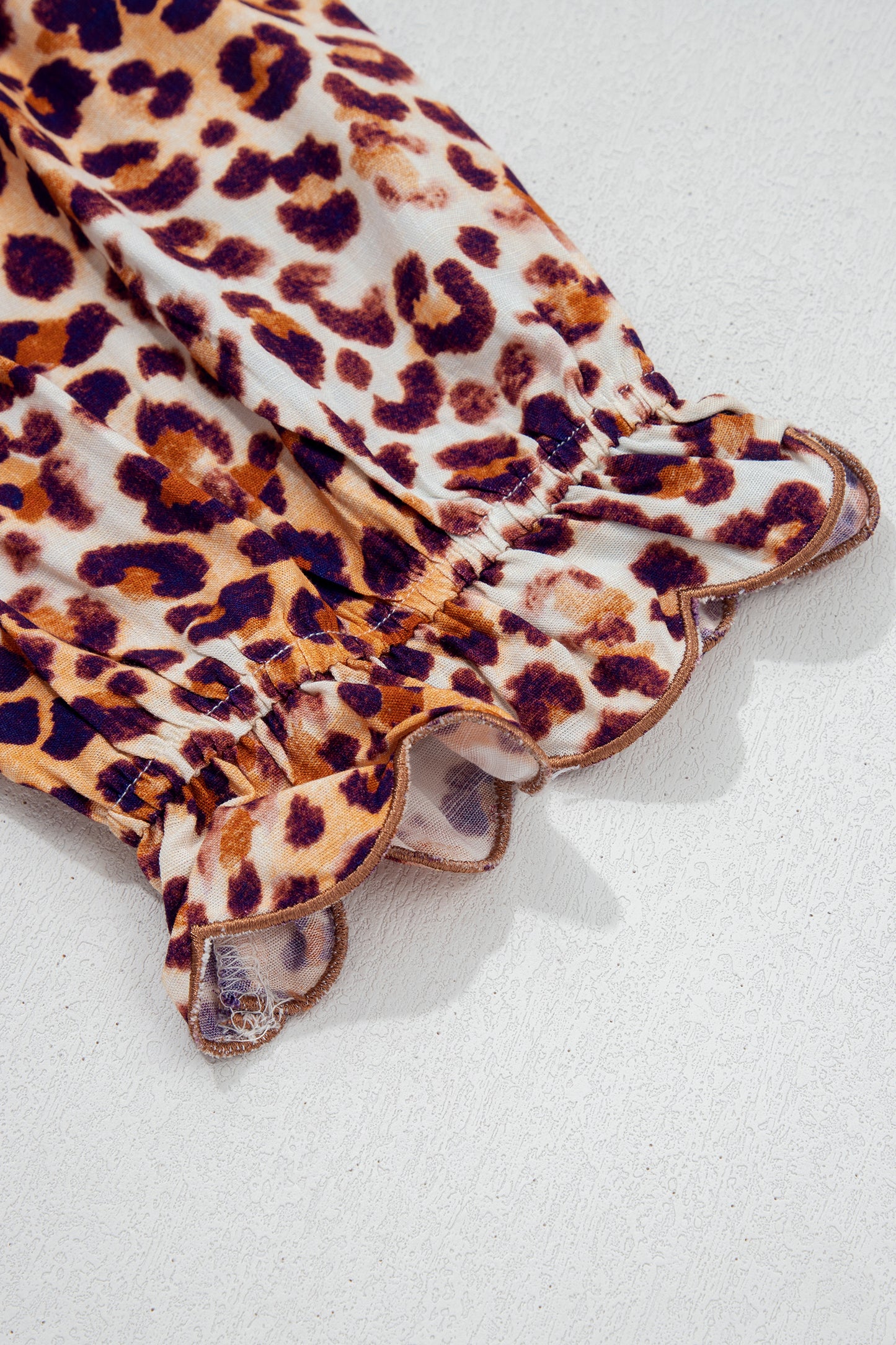 Brown Plus Size Leopard Frilled Stand Neck Blouse-Plus Size/Plus Size Tops/Plus Size Blouses & Shirts-[Adult]-[Female]-2022 Online Blue Zone Planet