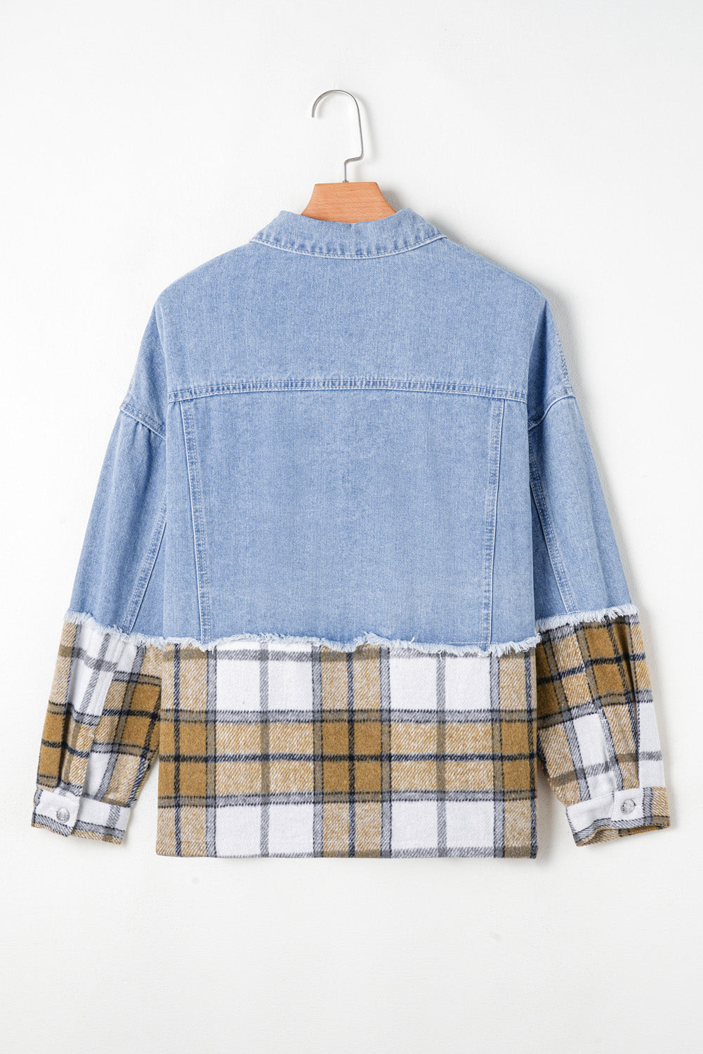 Blue Zone Planet | Khaki Plaid Patchwork Buttoned Oversized Denim Jacket-Outerwear/Denim jackets-[Adult]-[Female]-2022 Online Blue Zone Planet