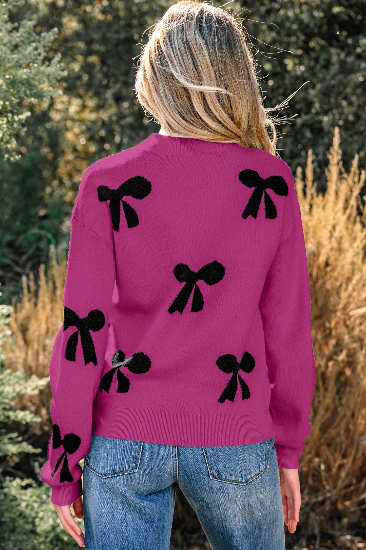 Bright Pink Pearl Embellished Bow Pattern Loose Sweater-TOPS / DRESSES-[Adult]-[Female]-2022 Online Blue Zone Planet