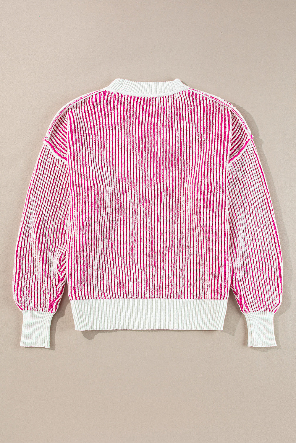 Blue Zone Planet | Bright Pink Striped Textured Knit Contrast Edge Loose Sweater-Sweaters & Cardigans/Sweaters-[Adult]-[Female]-2022 Online Blue Zone Planet