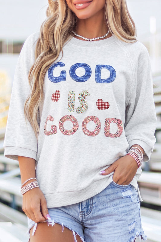 Light Grey GOD IS GOOD Patchwork Applique Relaxed 3/4 Sleeve Tunic Top-Tops/Tops & Tees-[Adult]-[Female]-Light Grey-S-2022 Online Blue Zone Planet