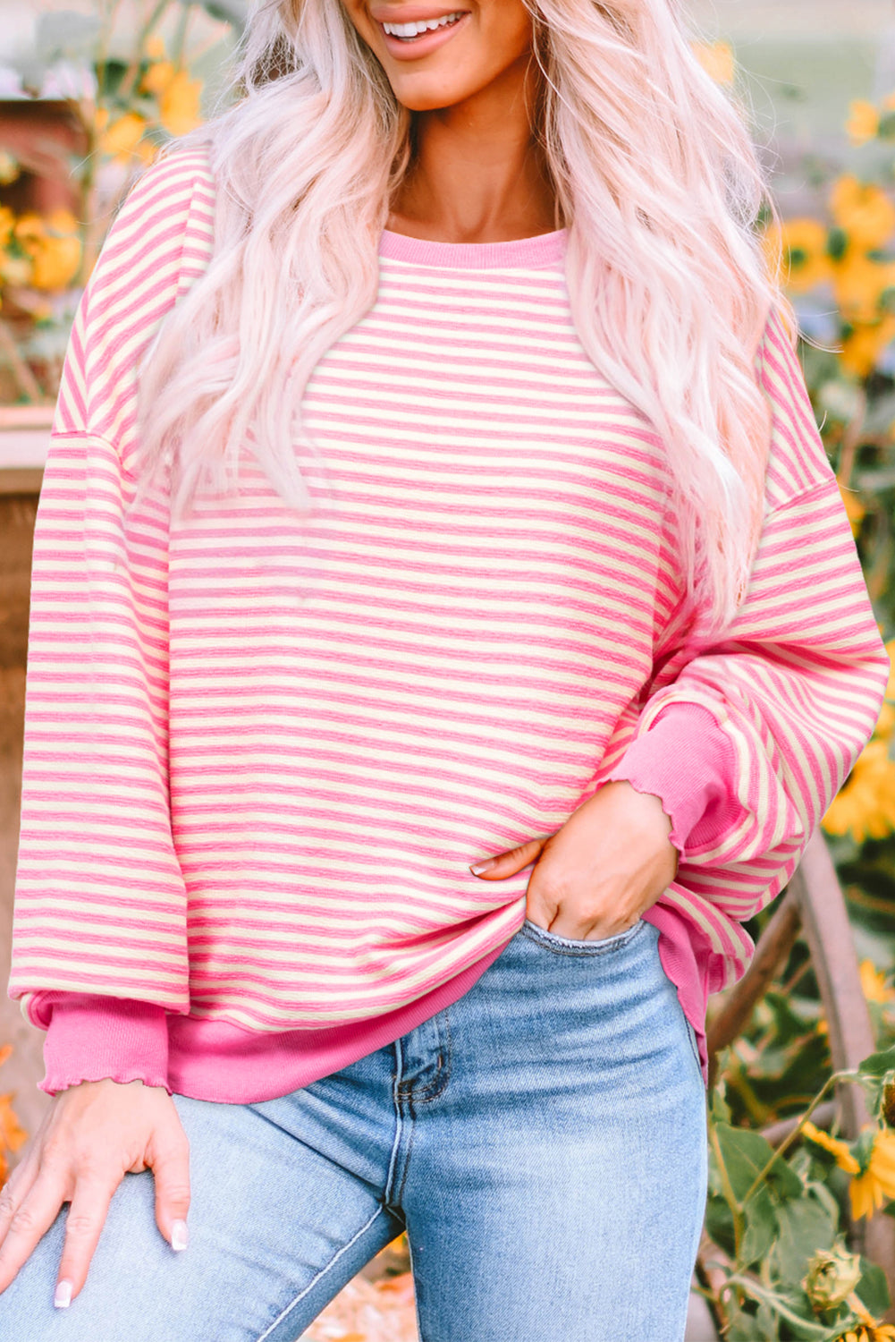 Blue Zone Planet | Pink Stripe Loose Drop Shoulder Long Sleeve Top-Tops/Long Sleeve Tops-[Adult]-[Female]-Pink Stripe-S-2022 Online Blue Zone Planet