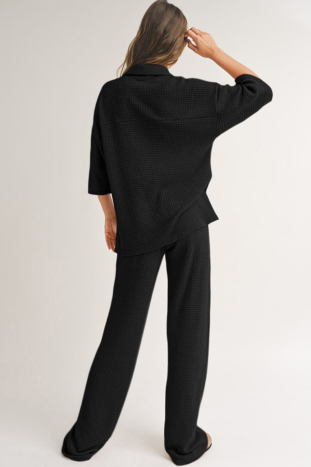 Black Solid Color Textured Buttoned Shirt and Casual Pants Set-Two Piece Sets/Pant Sets-[Adult]-[Female]-2022 Online Blue Zone Planet