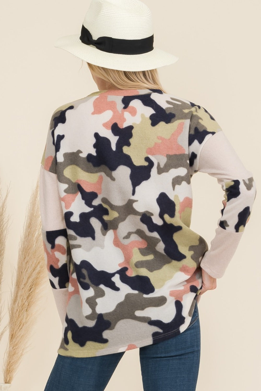 Celeste Full Size Camo Print Contrast Long Sleeve T-Shirt-TOPS / DRESSES-[Adult]-[Female]-2022 Online Blue Zone Planet