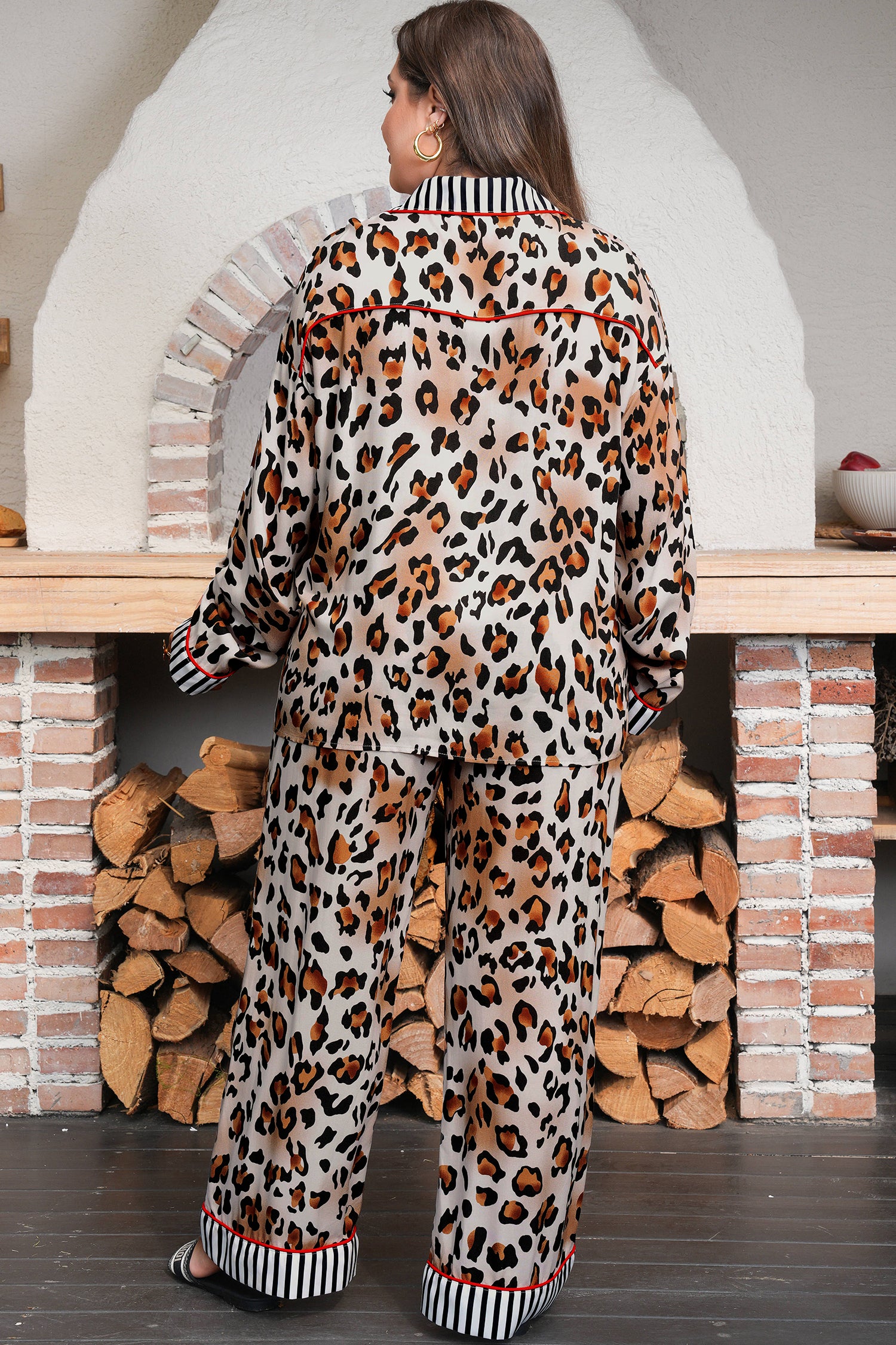Khaki Plus Leopard Print Contrast Piping Striped Patchwork 2pcs Long Pajama Set-Plus Size/Plus Size Loungewear-[Adult]-[Female]-2022 Online Blue Zone Planet