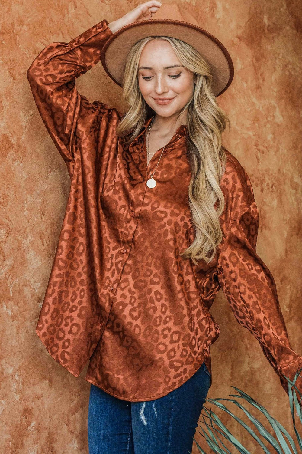 And The Why Satin Leopard Button Up Curved Hem Shirt-TOPS / DRESSES-[Adult]-[Female]-2022 Online Blue Zone Planet