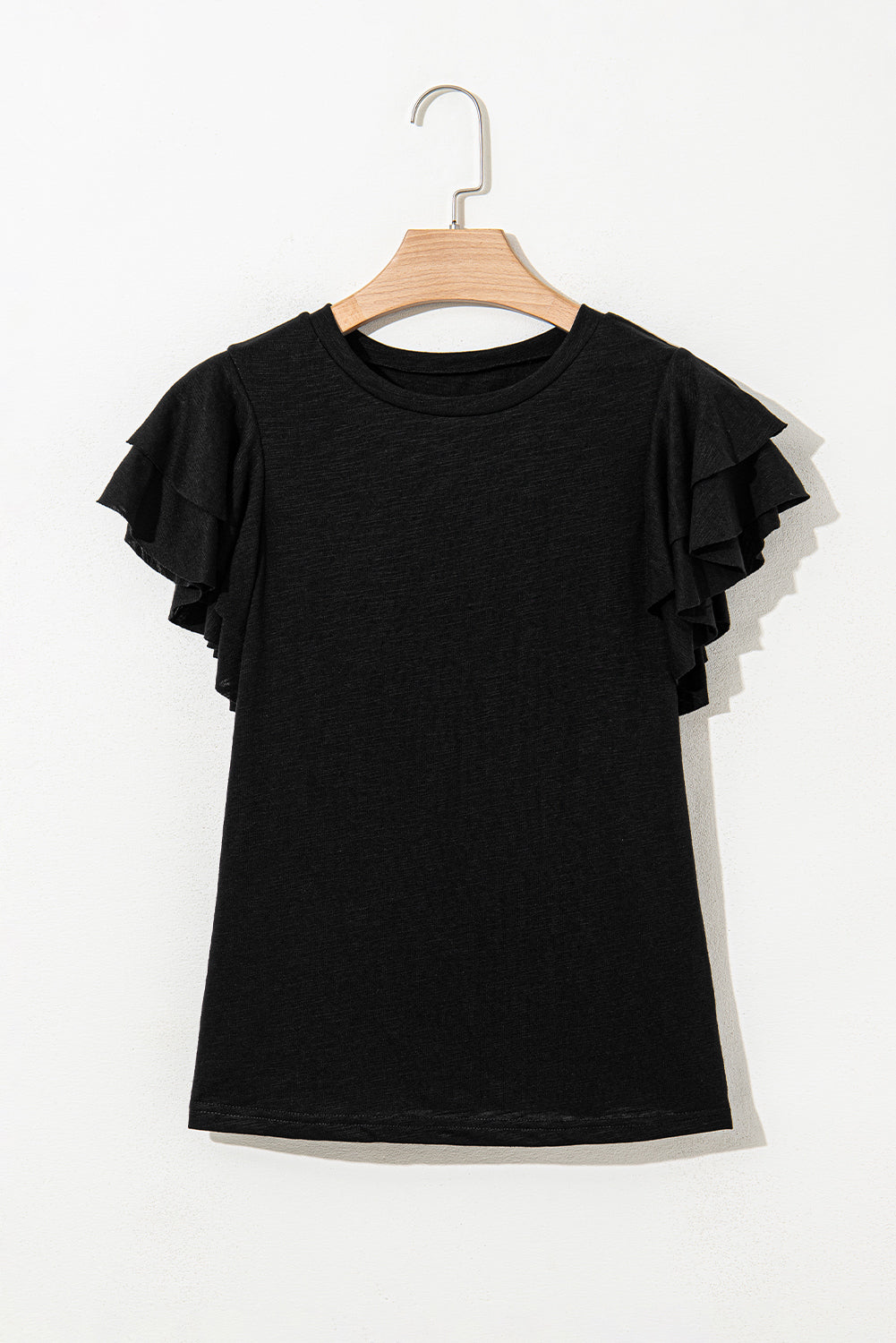 Black Layered Ruffle Short Sleeve Round Neck Top-Tops/Tops & Tees-[Adult]-[Female]-2022 Online Blue Zone Planet