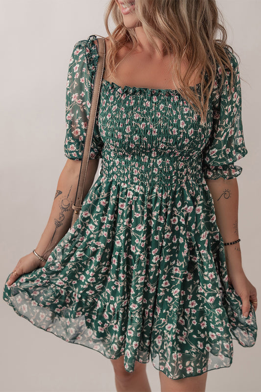 Green Smocked Square Neck Puff Short Sleeve Floral Dress-TOPS / DRESSES-[Adult]-[Female]-2022 Online Blue Zone Planet