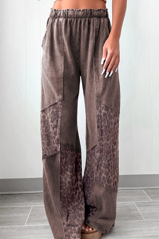 Coffee Mineral Wash Leopard Patchwork Loose Pants-Bottoms/Pants & Culotte-[Adult]-[Female]-Coffee-S-2022 Online Blue Zone Planet
