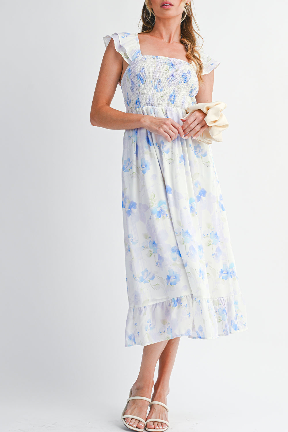 Sky Blue Floral Smocked High Waist Ruffle Sleeveless Long Dress-TOPS / DRESSES-[Adult]-[Female]-2022 Online Blue Zone Planet