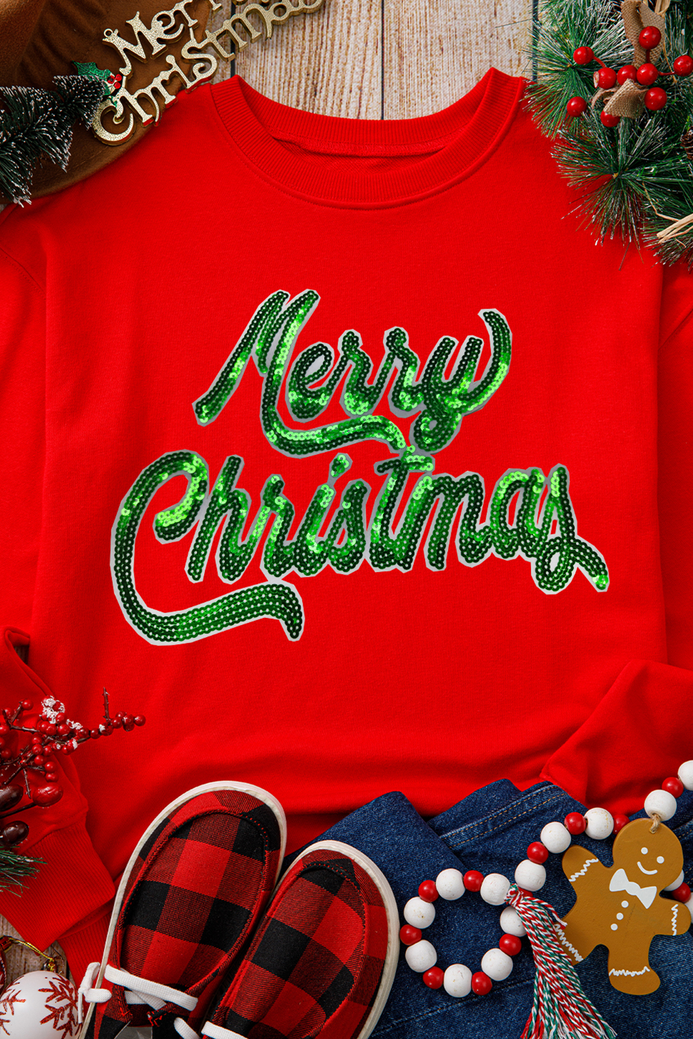 Blue Zone Planet | Red Merry Christmas Crewneck Drop Shoulder Loose Sweatshirt-Graphic/Graphic Sweatshirts-[Adult]-[Female]-2022 Online Blue Zone Planet