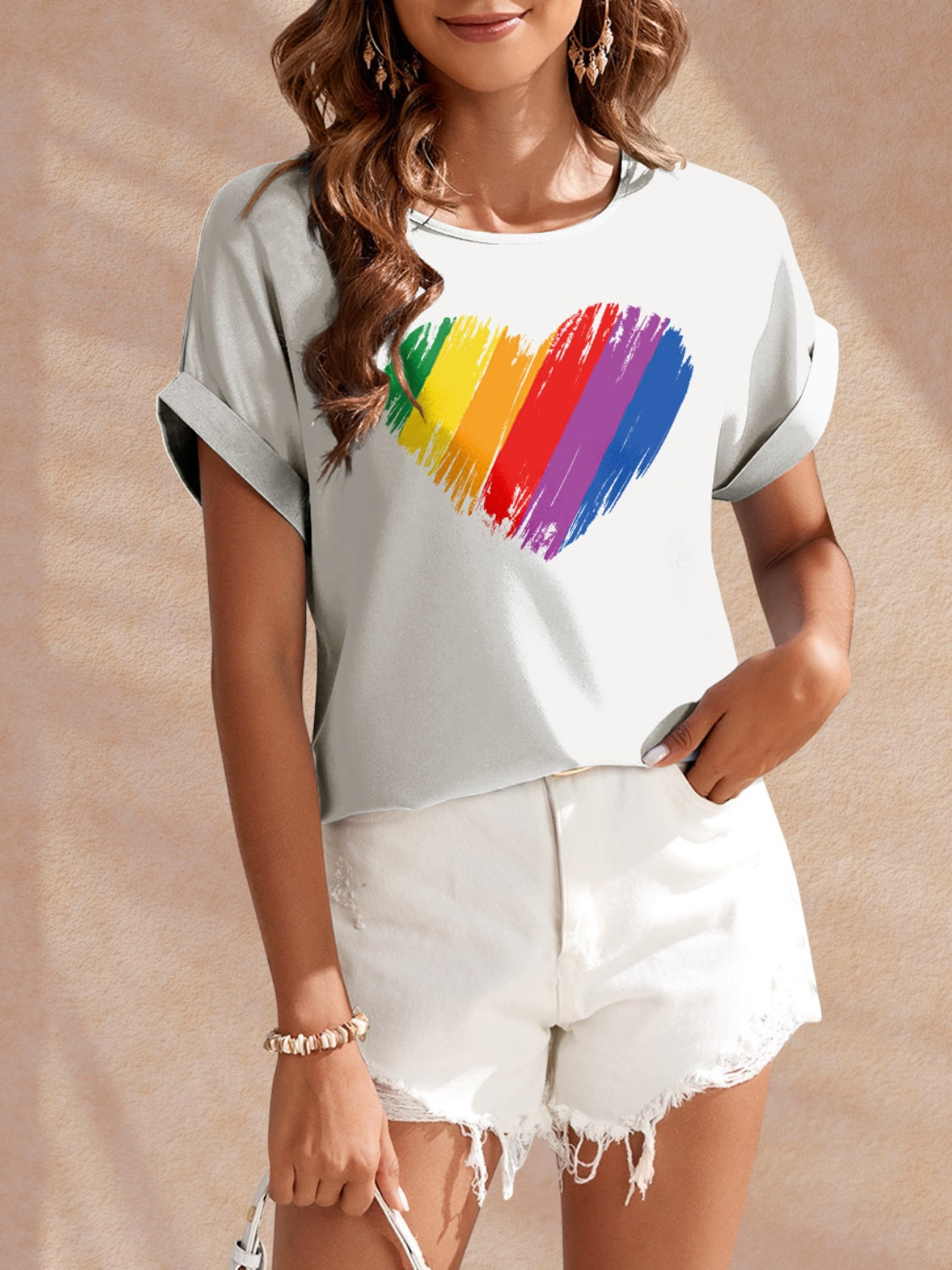 FAM-FAM Heart Round Neck Short Sleeve T-Shirt-TOPS / DRESSES-[Adult]-[Female]-White-S-2022 Online Blue Zone Planet