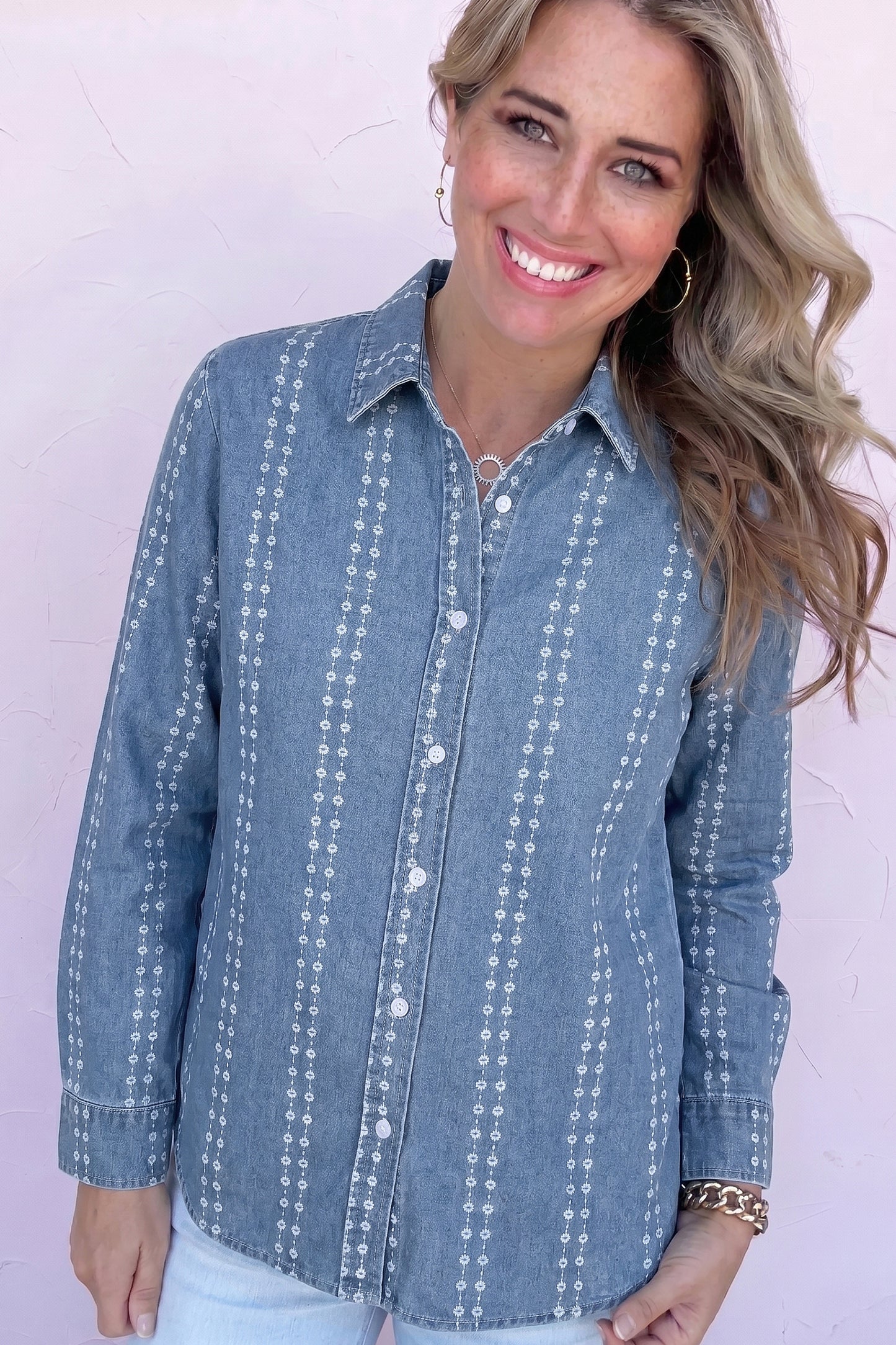 Myosotis Floral Print Button-Down Long Sleeve Denim Shirt