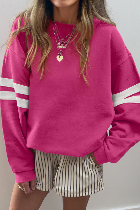 Rose Red Varsity Striped Detail Drop Shoulder Oversized Sweatshirt-Tops/Sweatshirts & Hoodies-[Adult]-[Female]-Rose Red-S-2022 Online Blue Zone Planet