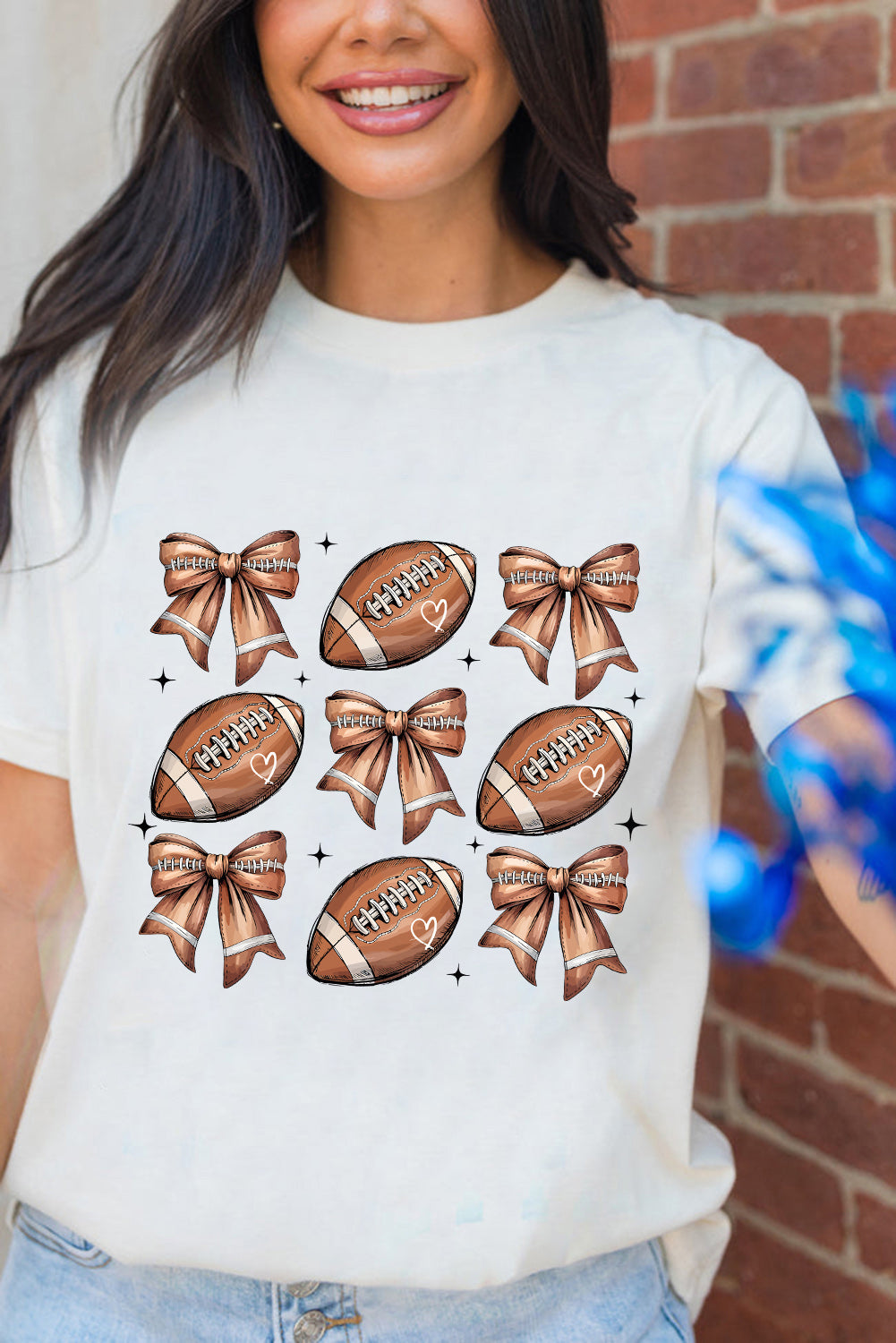 White Football Fashion Bow Print Cotton Blend T Shirt-Graphic/Graphic Tees-[Adult]-[Female]-2022 Online Blue Zone Planet