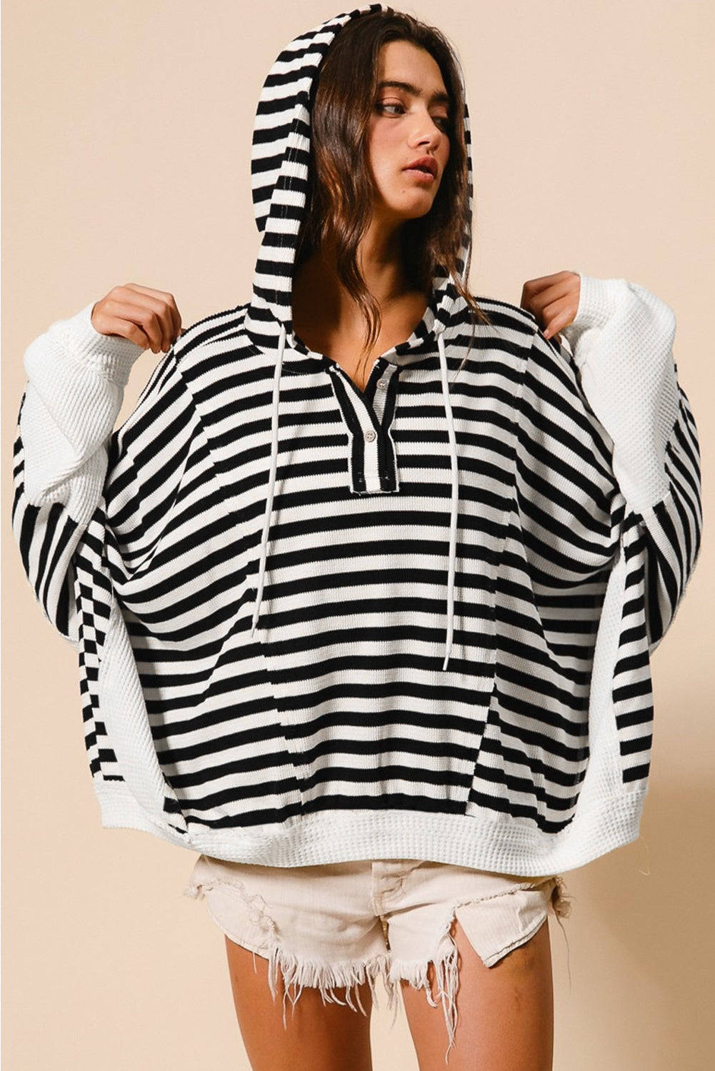 Blue Zone Planet | Black white Oversized Striped Henley Buttons Dolman Sleeve Hooded Top-Tops/Long Sleeve Tops-[Adult]-[Female]-2022 Online Blue Zone Planet