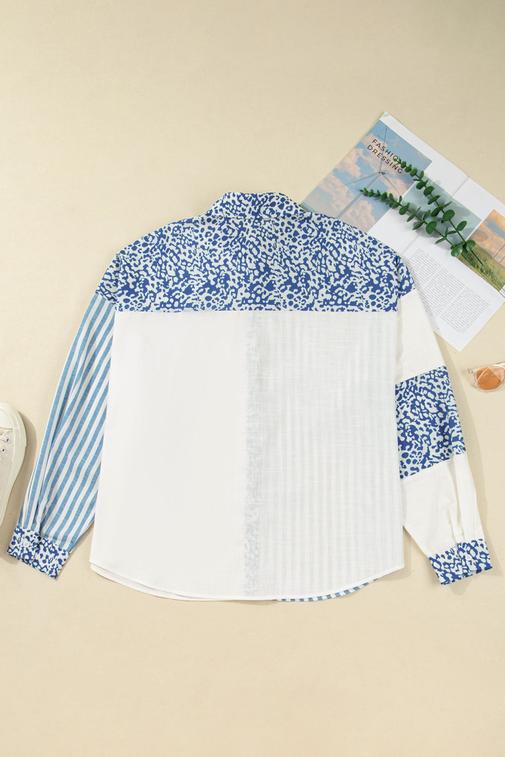 Sky Blue Leopard Striped Patchwork Casual Plus Shirt-Plus Size/Plus Size Tops/Plus Size Blouses & Shirts-[Adult]-[Female]-2022 Online Blue Zone Planet