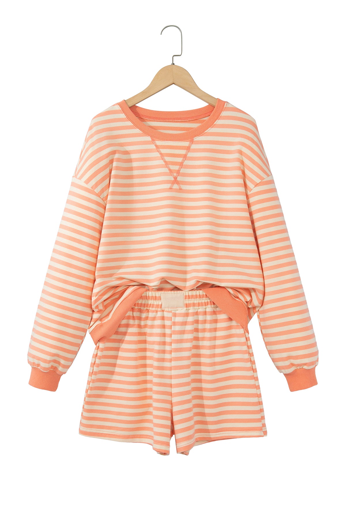 Grapefruit Orange Drop Shoulder Long Sleeve Pullover Elastic Waist Casual Short Set-Two Piece Sets/Short Sets-[Adult]-[Female]-2022 Online Blue Zone Planet