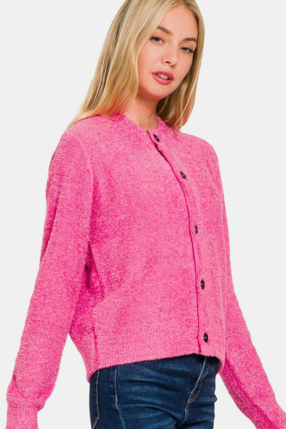 Zenana Button Down Long Sleeve Sweater Cardigan-TOPS / DRESSES-[Adult]-[Female]-Fuchsia-S-2022 Online Blue Zone Planet