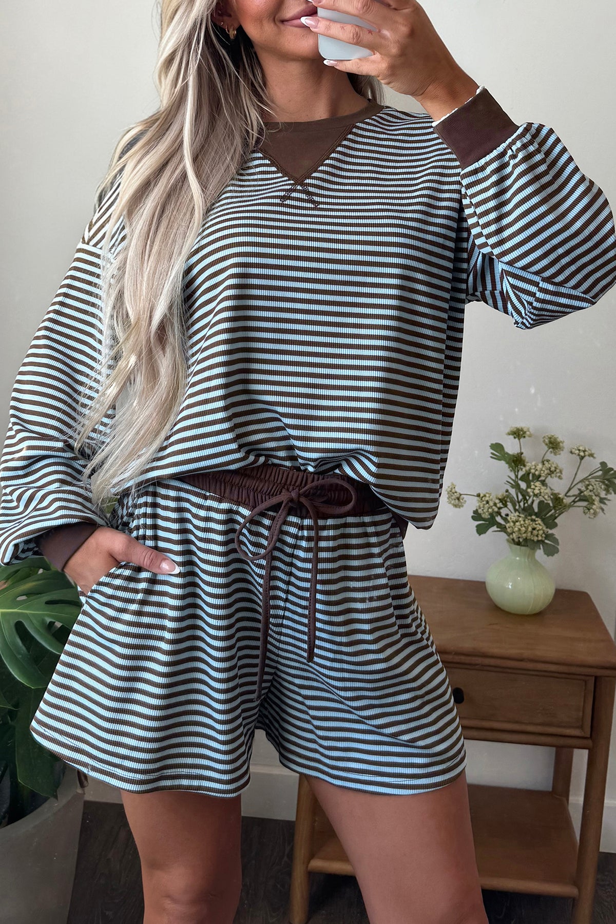 Brown Stripe Oversized Long Sleeve Top Drawstring Loose Shorts 2pcs Set-Two Piece Sets/Short Sets-[Adult]-[Female]-2022 Online Blue Zone Planet