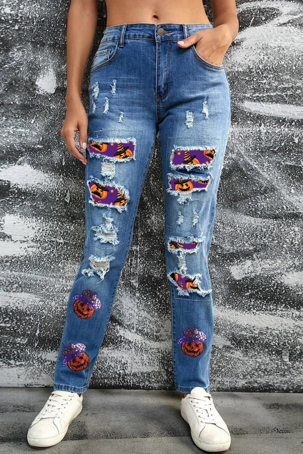 Distressed Sequin Pumpkin Jeans-[Adult]-[Female]-2022 Online Blue Zone Planet