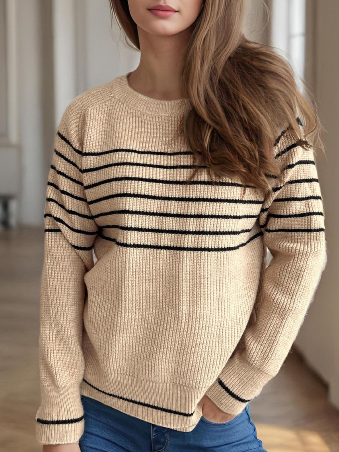 Striped Round Neck Long Sleeve Sweater-TOPS / DRESSES-[Adult]-[Female]-2022 Online Blue Zone Planet