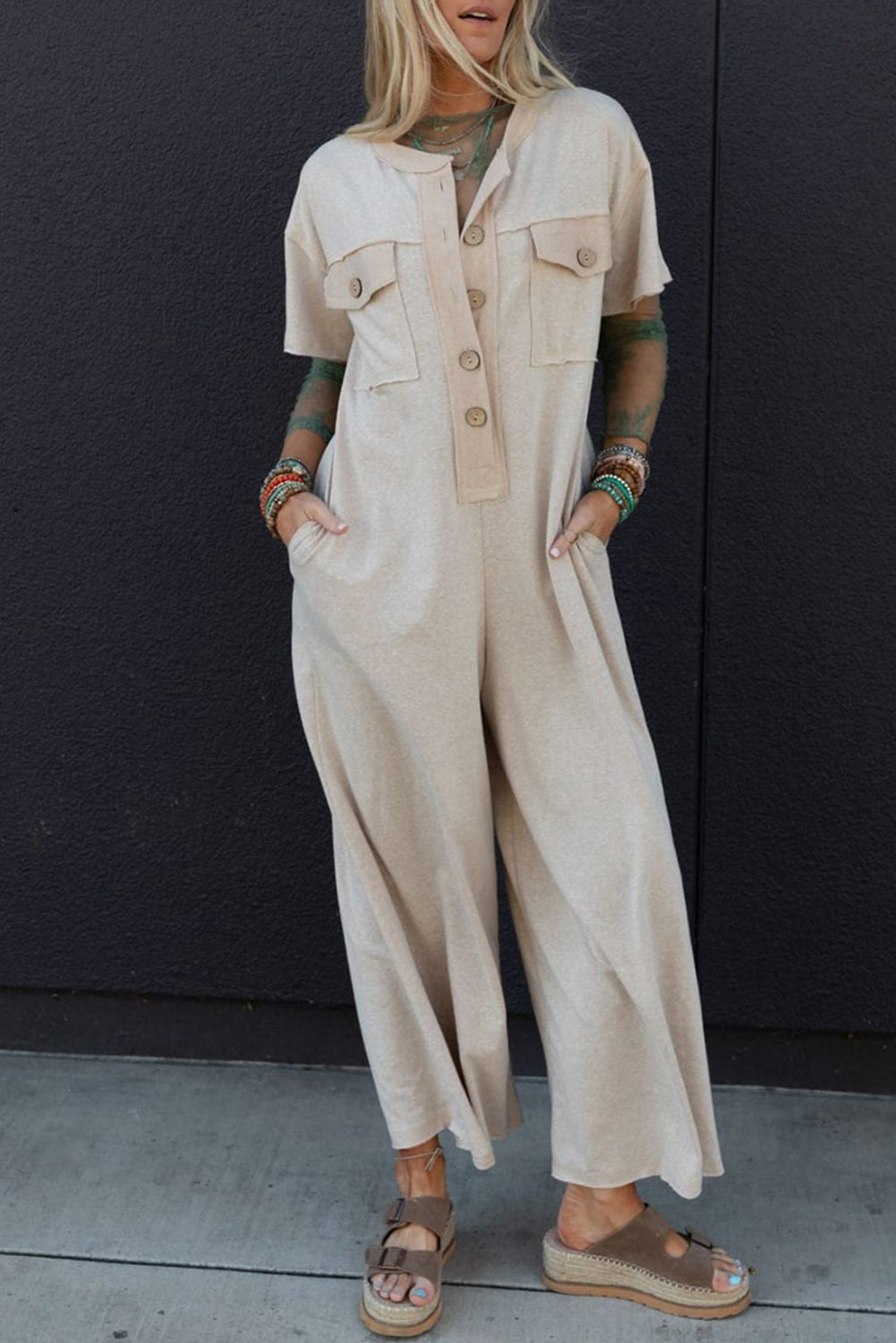 Beige Half Placket Chest Pockets Short Sleeve Wide Leg Jumpsuit-Bottoms/Jumpsuits & Rompers-[Adult]-[Female]-Jet Stream-S-2022 Online Blue Zone Planet