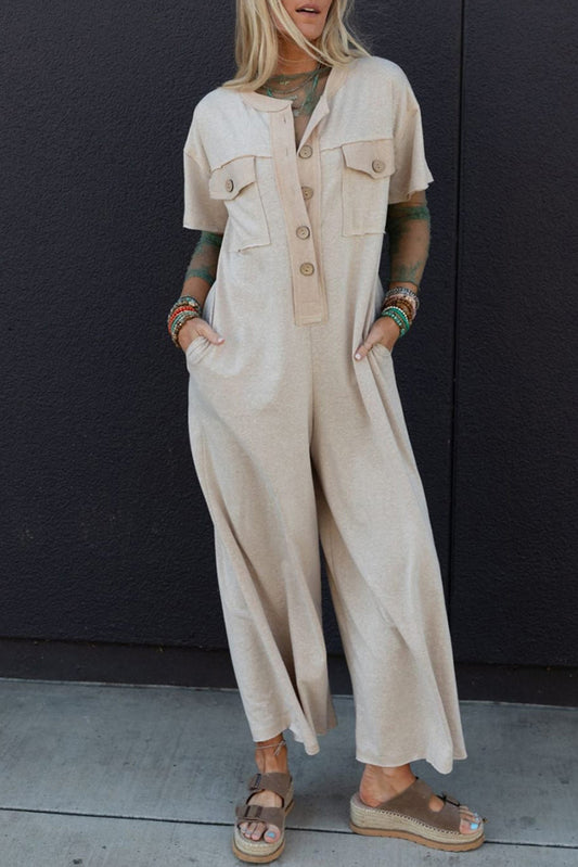 Beige Half Placket Chest Pockets Short Sleeve Wide Leg Jumpsuit-Bottoms/Jumpsuits & Rompers-[Adult]-[Female]-Jet Stream-S-2022 Online Blue Zone Planet