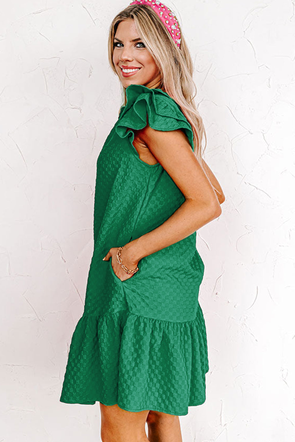 Blackish Green Flutter Sleeve Ruffled Textured Shift Dress Blue Zone Planet