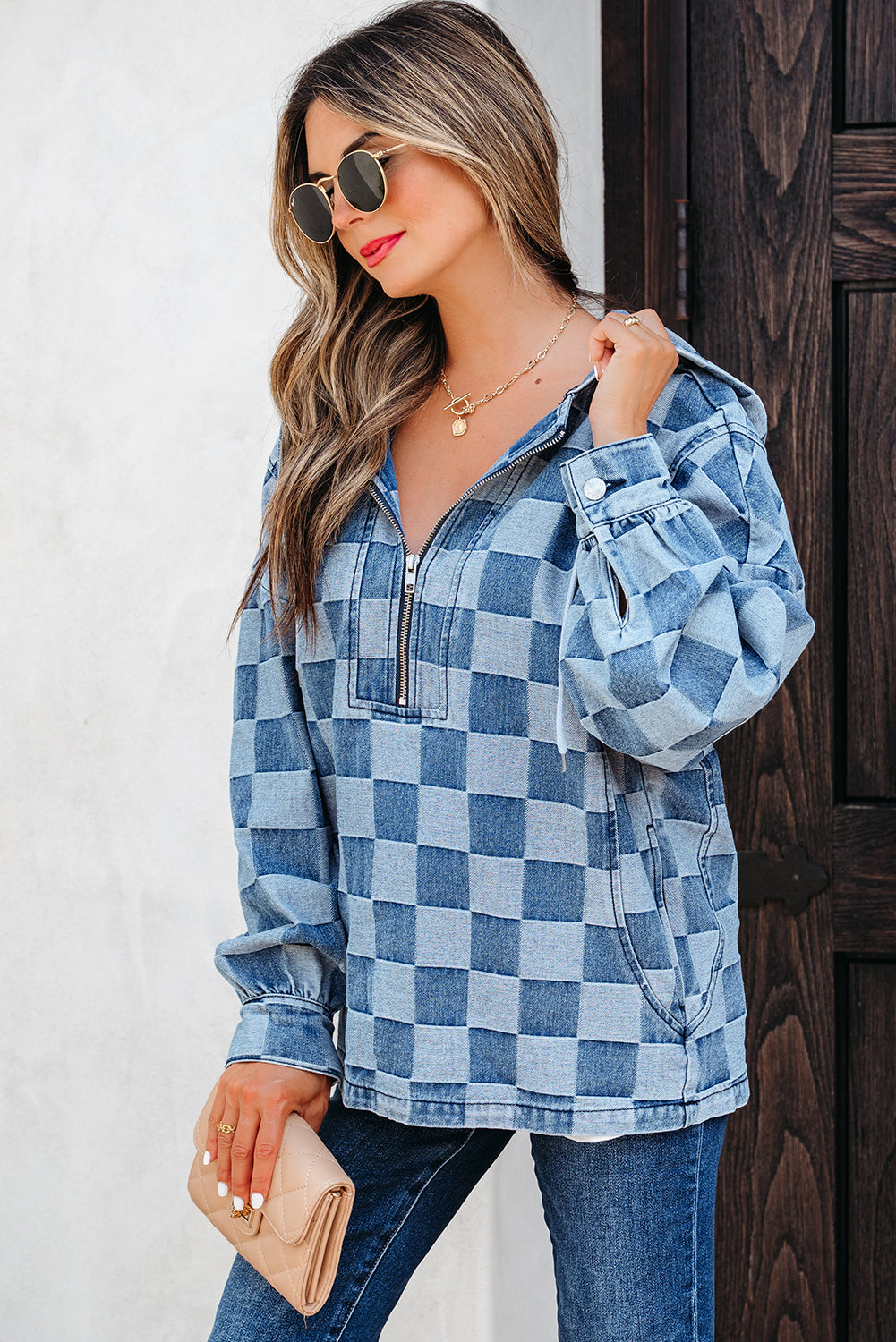 Sky Blue Checkerboard Zipped Neck Kangaroo Pocket Denim Hoodie-Tops/Sweatshirts & Hoodies-[Adult]-[Female]-2022 Online Blue Zone Planet