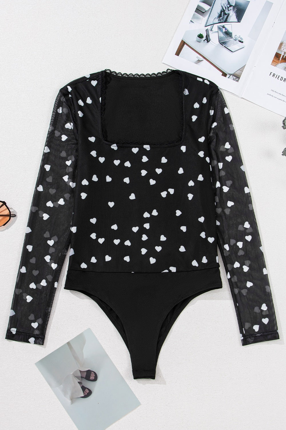 Heart Square Neck Long Sleeve Bodysuit-TOPS / DRESSES-[Adult]-[Female]-2022 Online Blue Zone Planet