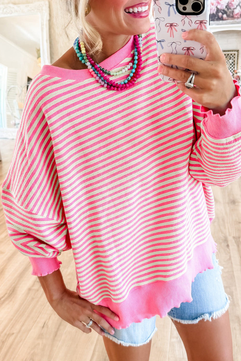 Blue Zone Planet | Pink Stripe Loose Drop Shoulder Long Sleeve Top-Tops/Long Sleeve Tops-[Adult]-[Female]-2022 Online Blue Zone Planet