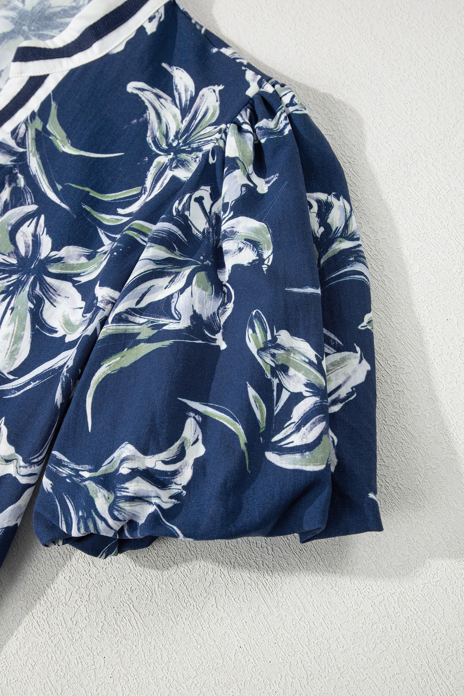 Blue Floral Print Short Puff Sleeve Striped Trim V Neck Blouse-Tops/Blouses & Shirts-[Adult]-[Female]-2022 Online Blue Zone Planet