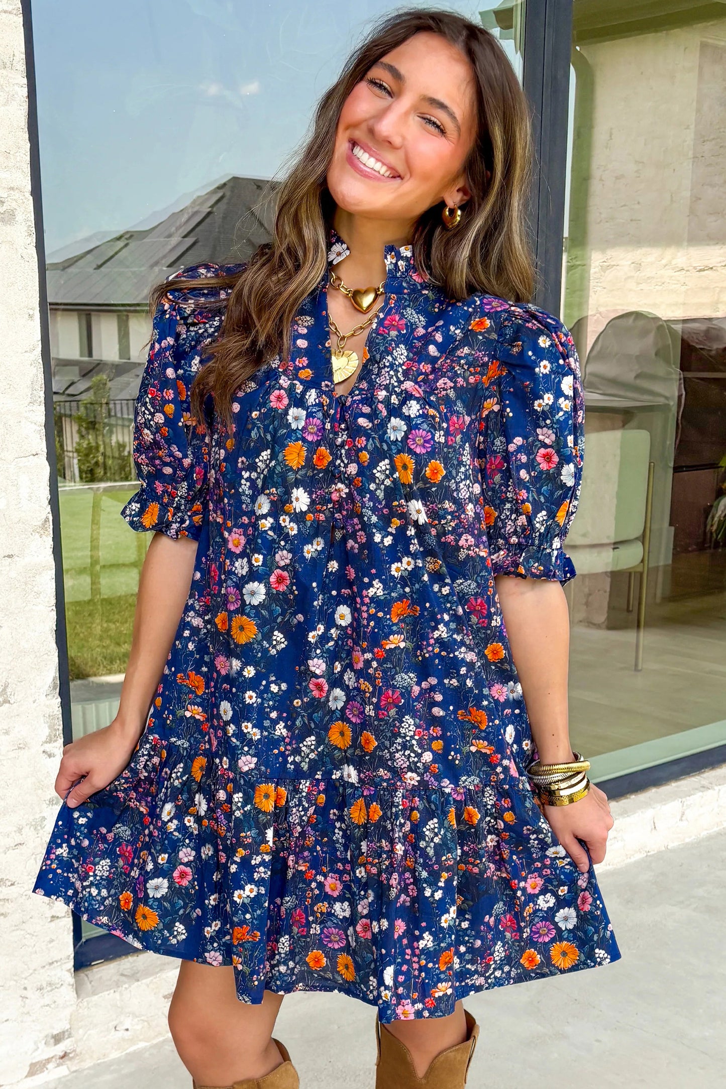 Blue Wild Daisy Floral Split Neck Short Puff Sleeve Mini Dress-TOPS / DRESSES-[Adult]-[Female]-2022 Online Blue Zone Planet