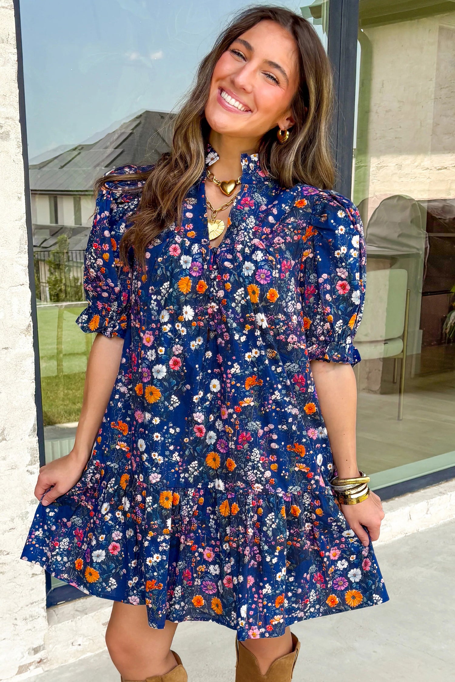 Blue Wild Daisy Floral Split Neck Short Puff Sleeve Mini Dress-TOPS / DRESSES-[Adult]-[Female]-2022 Online Blue Zone Planet