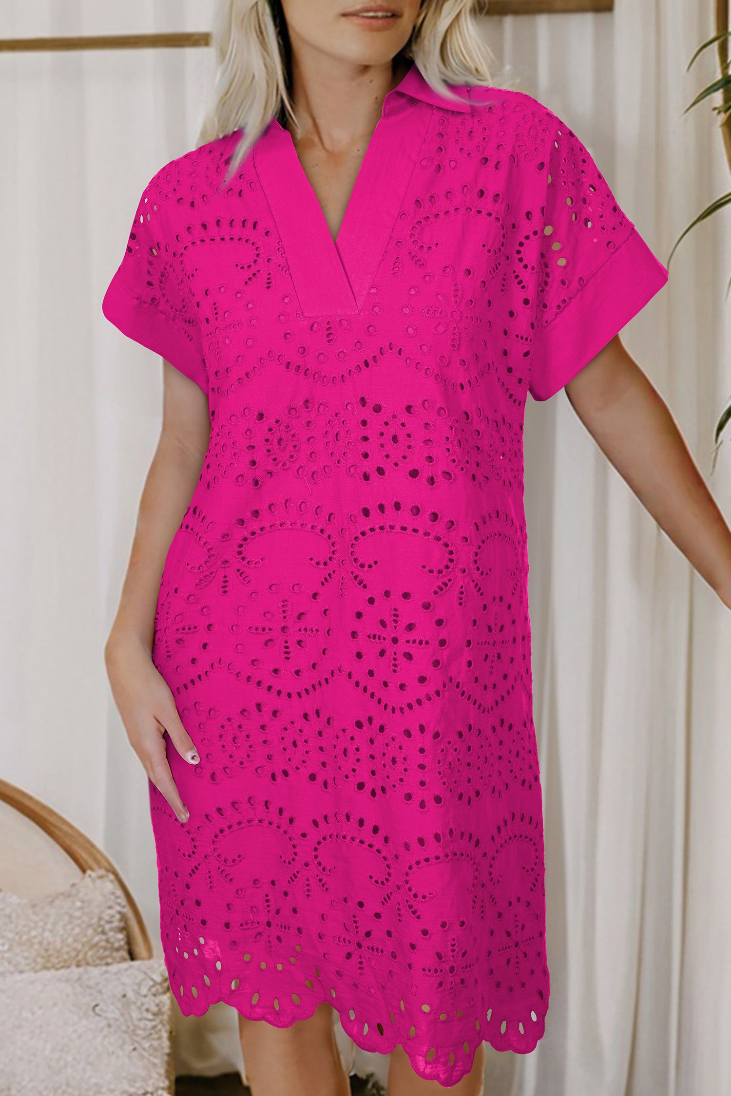 Rose Red Solid Color Eyelet Embroidered T Shirt Mini Dress-Dresses/Mini Dresses-[Adult]-[Female]-2022 Online Blue Zone Planet