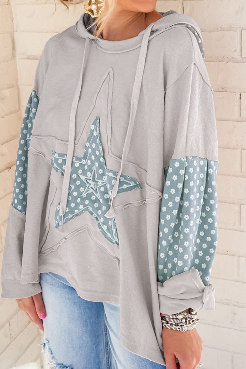 Floral Patchwork Star Pattern Drawstring Hoodie-TOPS / DRESSES-[Adult]-[Female]-Light Gray-S-2022 Online Blue Zone Planet