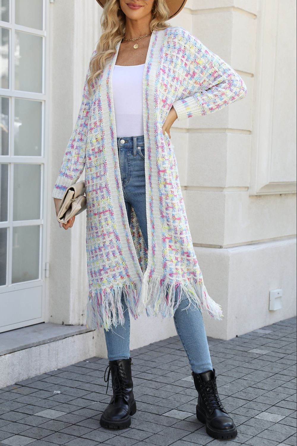 Multicolored Open Front Fringe Hem Cardigan-TOPS / DRESSES-[Adult]-[Female]-Cream-2XL-2022 Online Blue Zone Planet