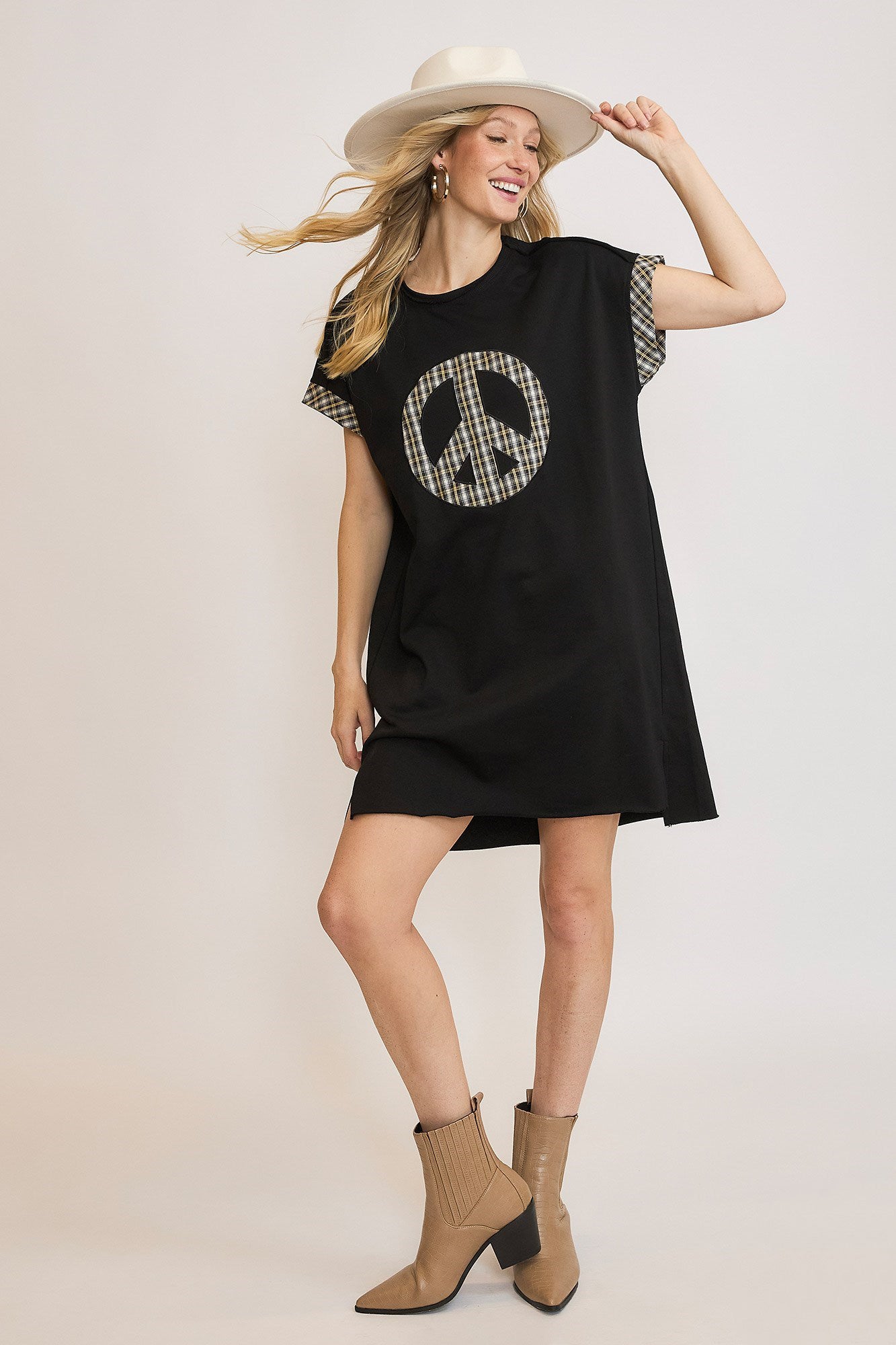 Umgee Peace Plaid Applique Short Sleeve Mini Dress-TOPS / DRESSES-[Adult]-[Female]-Black-S-2022 Online Blue Zone Planet