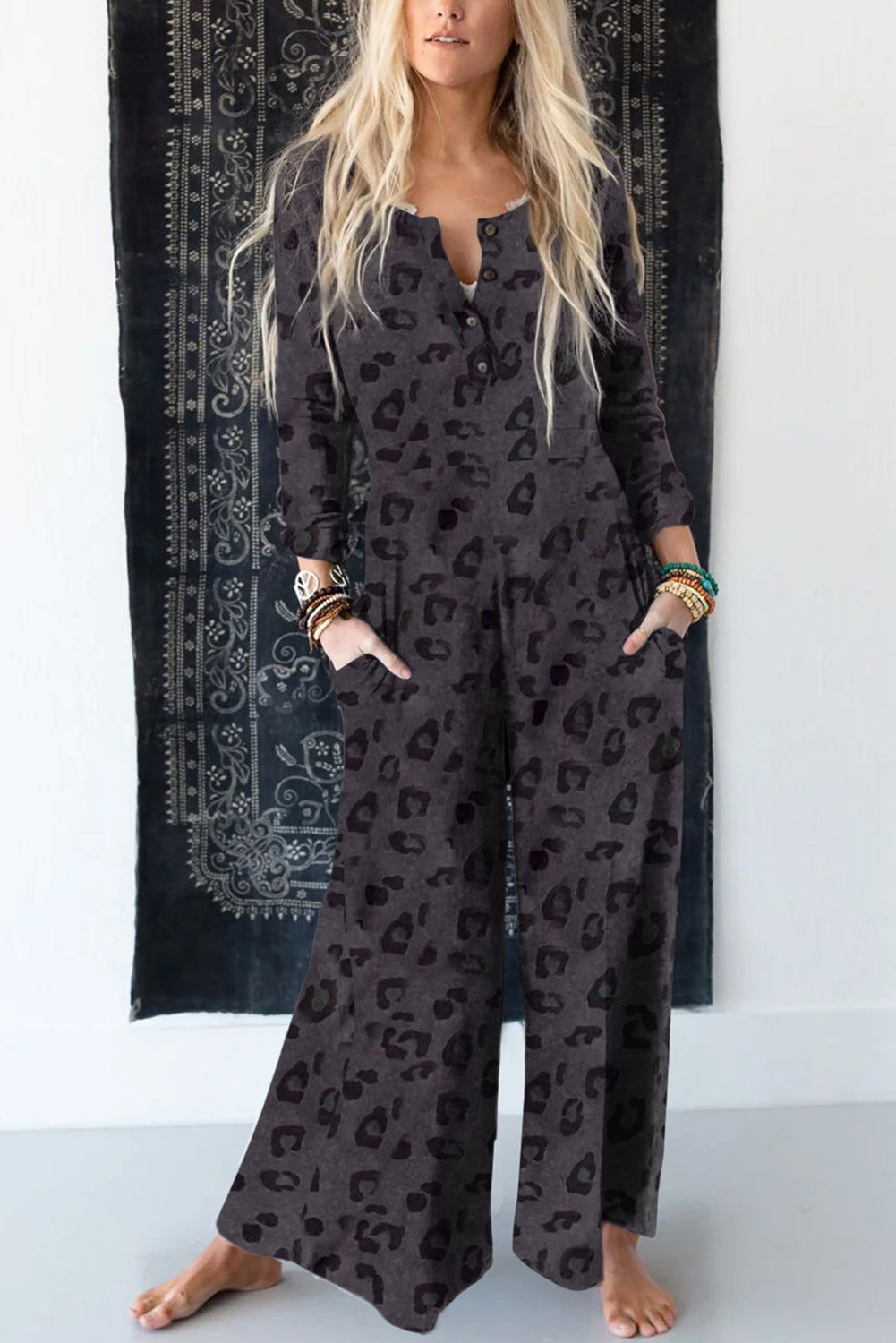 Leopard Buttoned Wide Leg Jumpsuit-TOPS / DRESSES-[Adult]-[Female]-Dark Gray-S-2022 Online Blue Zone Planet