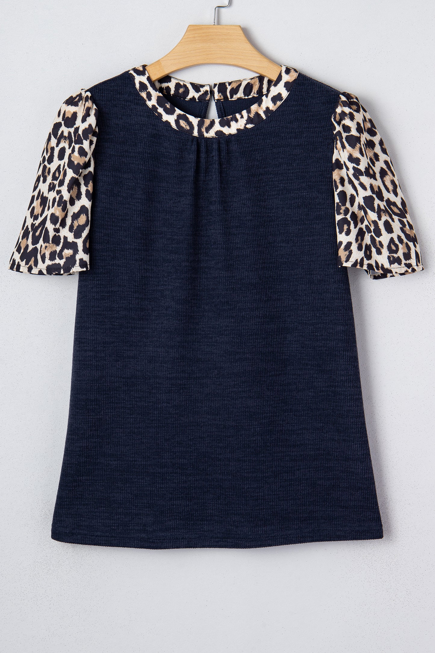 Navy Blue Ribbed Contrast Leopard Patchwork Short Sleeve Top