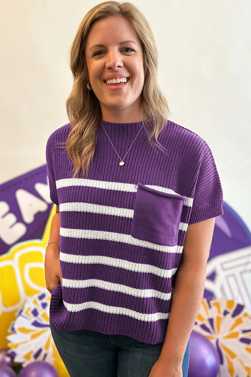 Purple Stripe Raw Edge Patched Pocket Short Sleeve Knit Sweater-Sweaters & Cardigans/Short Sleeve Sweaters-[Adult]-[Female]-2022 Online Blue Zone Planet
