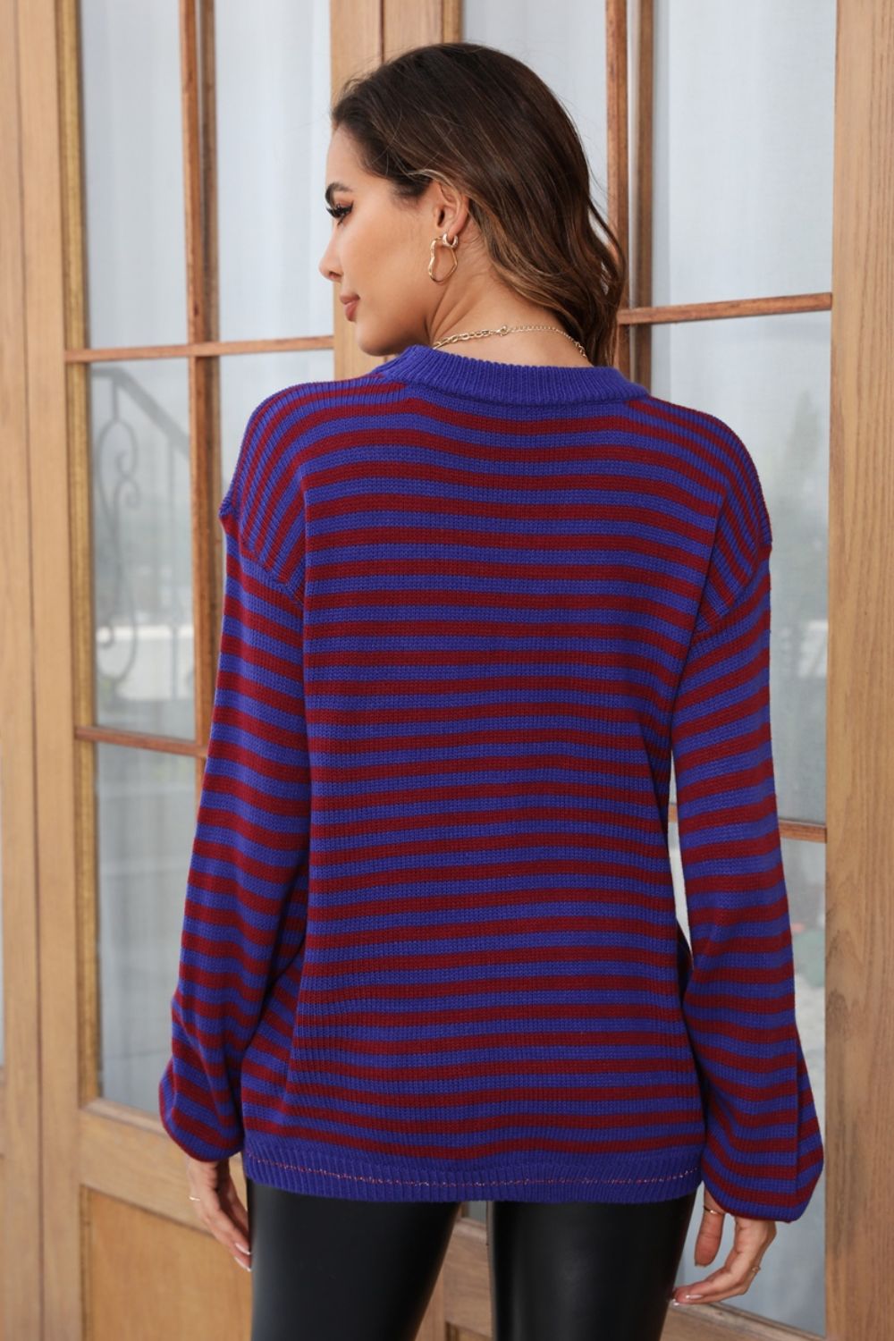 Angel Wings Striped Round Neck Dropped Shoulder Sweater-TOPS / DRESSES-[Adult]-[Female]-2022 Online Blue Zone Planet