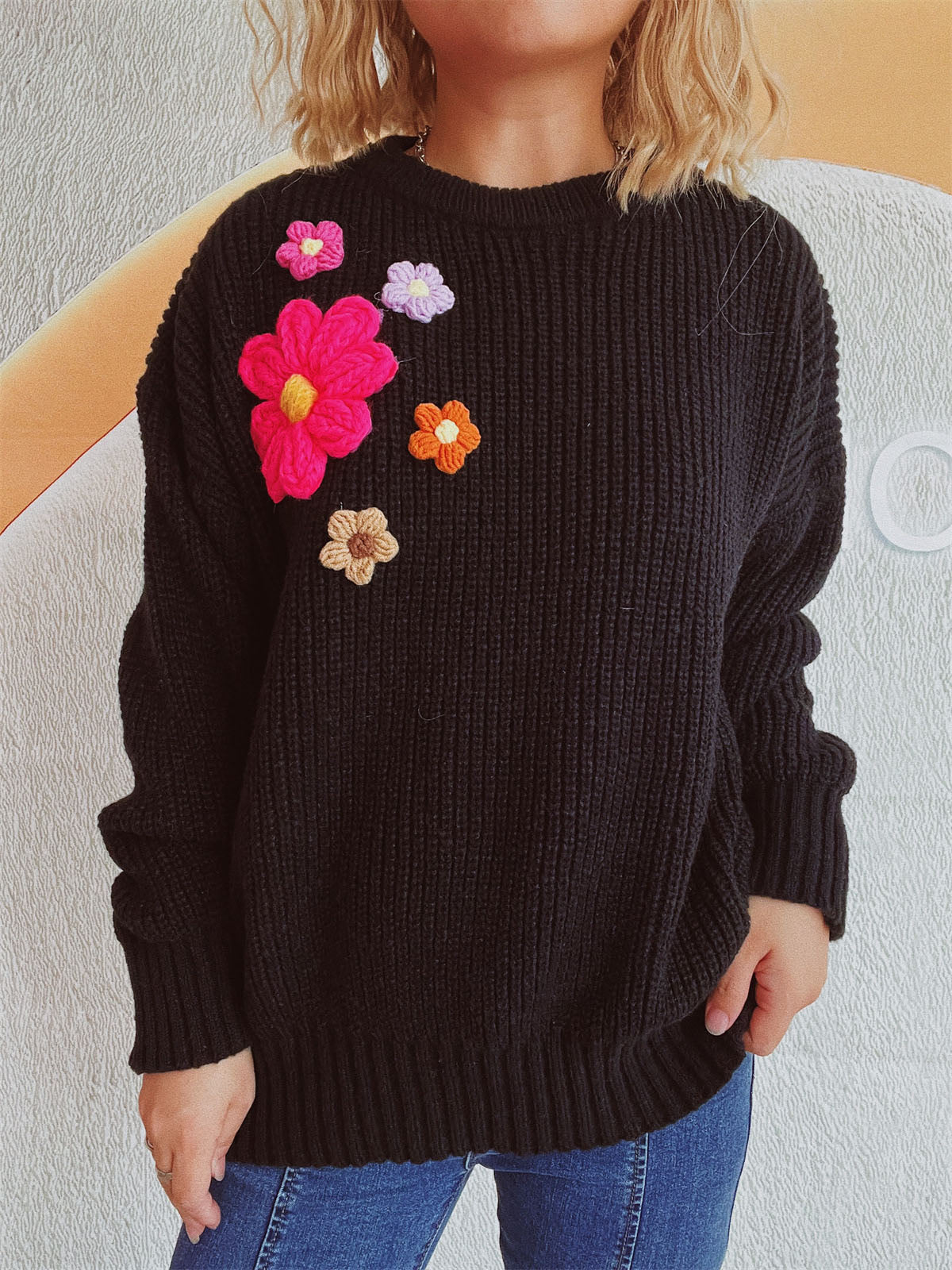 Crochet Flower Round Neck Dropped Shoulder Sweater-TOPS / DRESSES-[Adult]-[Female]-Black-One Size-2022 Online Blue Zone Planet