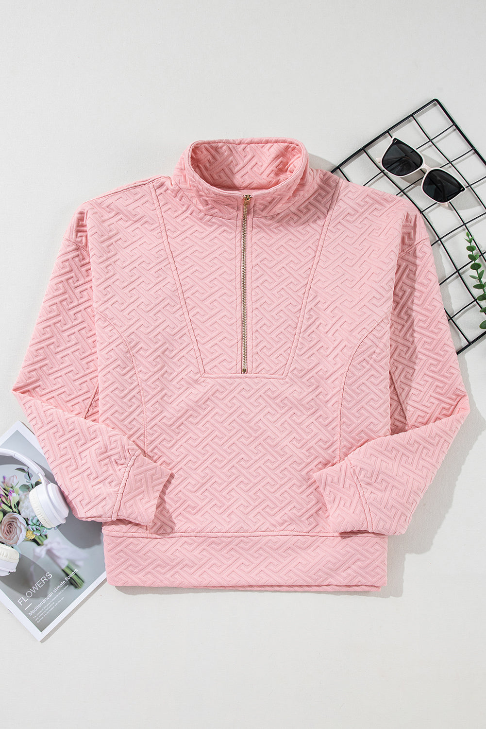 Light Pink Solid Textured Half Zipper Collared Sweatshirt-Sweatshirts & Hoodies-[Adult]-[Female]-2022 Online Blue Zone Planet