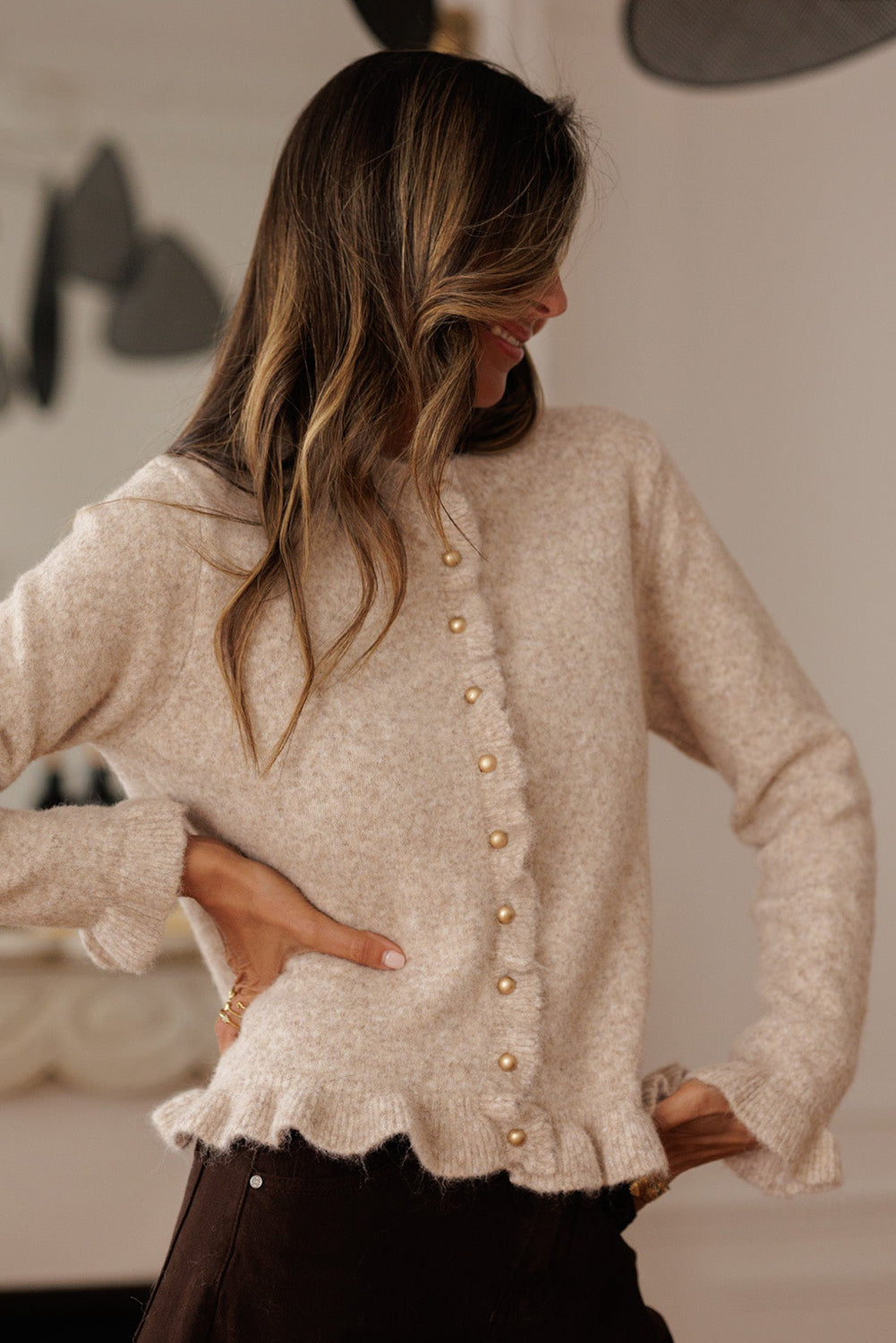 Oatmeal Ruffle Trim Gold Button Sweater Cardigan-Sweaters & Cardigans/Cardigans-[Adult]-[Female]-2022 Online Blue Zone Planet