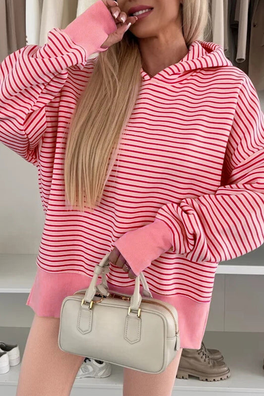 Rose Stripe Thumbhole Side Slits Drop Shoulder Loose Fit Hoodie-Tops / Dresses-[Adult]-[Female]-Rose Stripe-S-2022 Online Blue Zone Planet