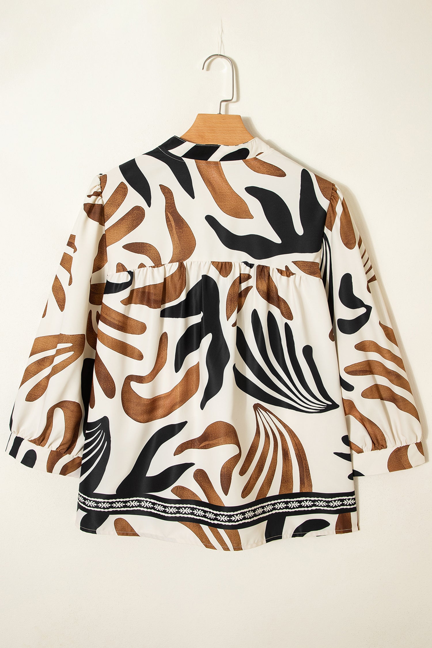 Brown Abstract Print Puff Sleeve Loose Blouse-Tops/Blouses & Shirts-[Adult]-[Female]-2022 Online Blue Zone Planet